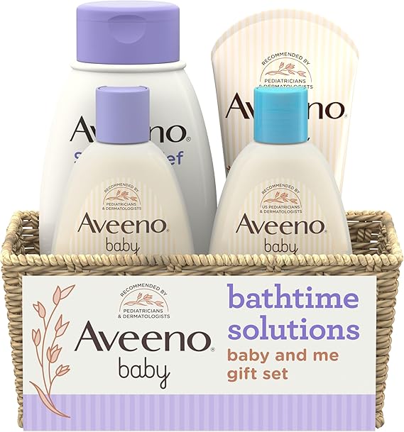 Aveeno Baby Bathtime Solutions Baby & Me Gift Set with Baby Wash & Shampoo, Calming Baby Bath, Baby Daily Moisturizing Lotion & Stress Relief Body Wash for Mom, Oatmeal, 4 items