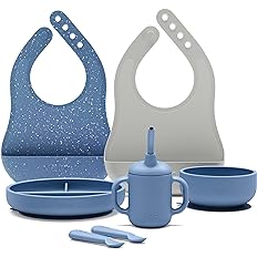 Lalo First Bites Silicone Baby Feeding Set – Baby Led Weaning Supplies – Non-Toxic Silicone – Includes 2 Bibs, 2 Spoons, Training Cup, Suction Plate and Bowl – 6 Pieces – Blueberry