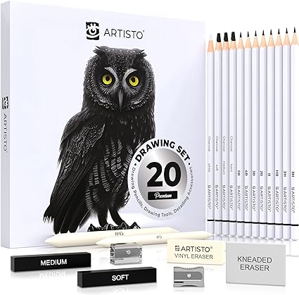 Artisto Drawing and Sketching Pencil Art Set (20 Items) – Complete Kit with Graphite Pencils, Charcoal Pencils, Sticks, Blending Stumps, Erasers, and Sharpeners